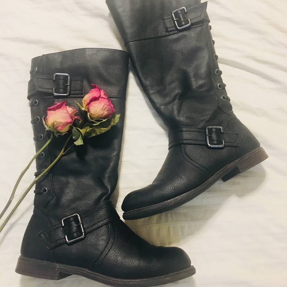 Black faux leather boots